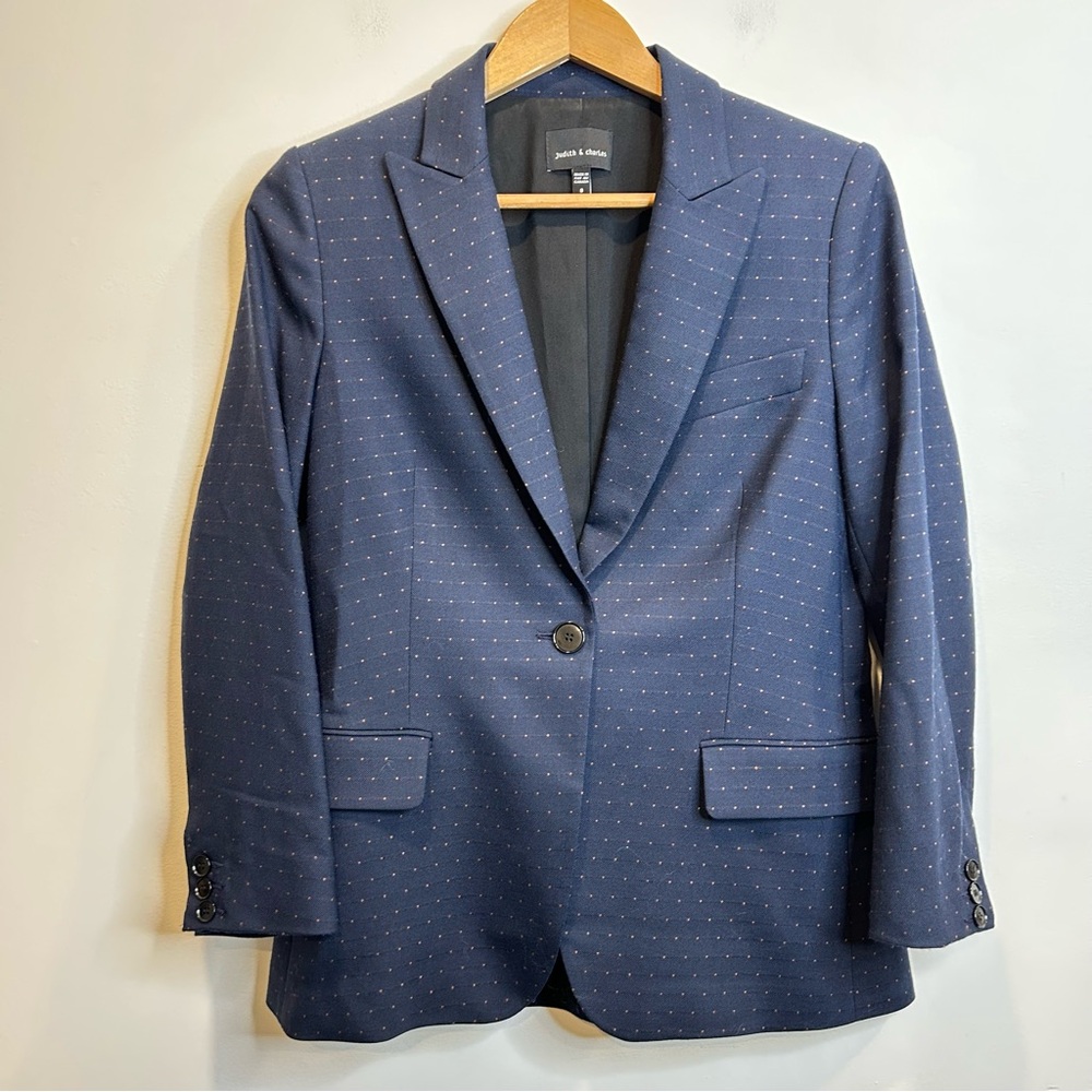 Judith & Charles Wool Blend Single Button Polka Dot Blazer Navy Blue